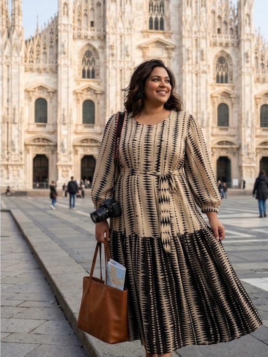 kOAI Dresses & Skirts - 🎀KOAI Beige&Black Long-Sleeve Patterned Midi Dress with Waist Tie size 22 NEW